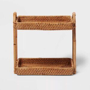 Natural Woven Tiered Vanity Bathroom Tray - Threshold: Rattan Countertop Storage